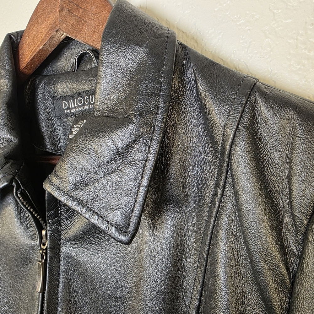 Dialogue Black Leather Zip-Up Jacket – Size M - Bikercore Y2K Style - Picture 14 of 17